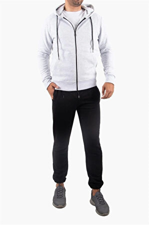 Şardonlu Fermuarlı Kapüşonlu Gri Sweatshirt Polar Hırka