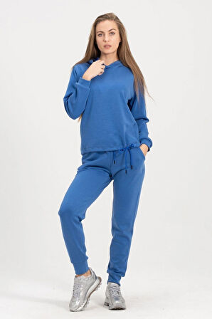 Kadın Kapüşonlu Mavi Sweatshirt Ve Eşofman Takımı Scuba Kumaşı