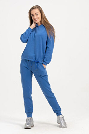 Kadın Kapüşonlu Mavi Sweatshirt Ve Eşofman Takımı Scuba Kumaşı