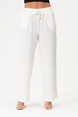 Kadın Siyah Keten Pantolon Beli Lastikli