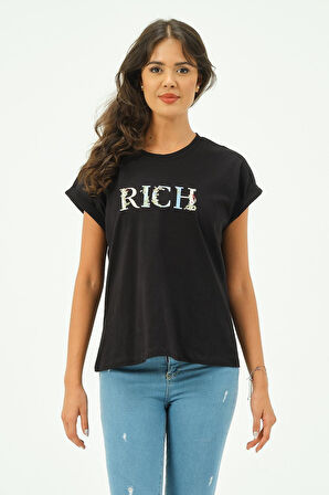 Siyah Kadın Rich Nakışlı Tişört tshirt