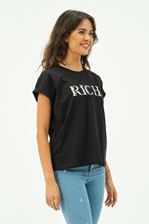 Siyah Kadın Rich Nakışlı Tişört tshirt