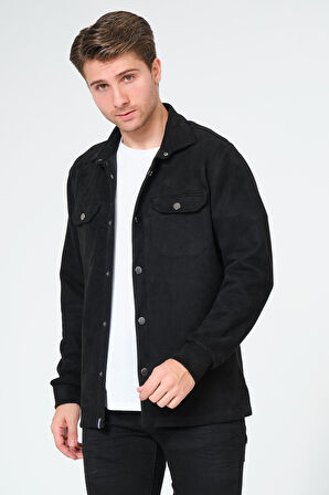 Siyah Erkek Süet Gömlek Tişört Üstü Kalın Gömlek