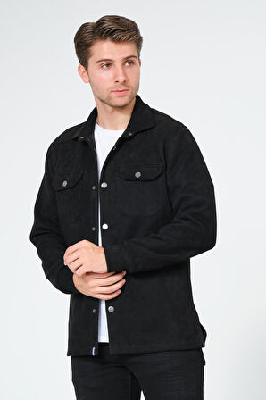 Siyah Erkek Süet Gömlek Tişört Üstü Kalın Gömlek
