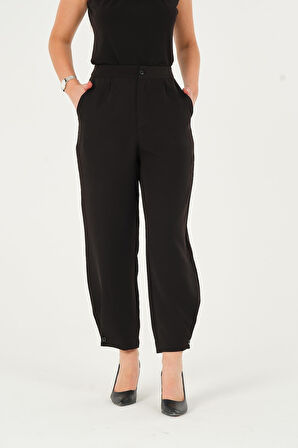 Kadın Siyah Yüksek Bel Düğmeli Paça Dokuma Pantolon