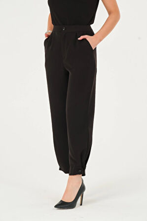 Kadın Siyah Yüksek Bel Düğmeli Paça Dokuma Pantolon