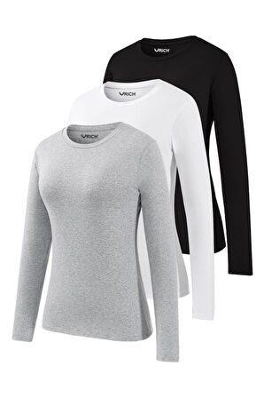 Kadın 3'lü Basic Uzun Kollu Tişört Sporcu Body T-shirt Ekonomik Paket