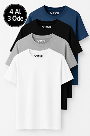 Erkek 4 Lü Paket %100 Pamuk Oversize Tişört Basic Bisiklet Yaka Kısa Kollu T-Shirt