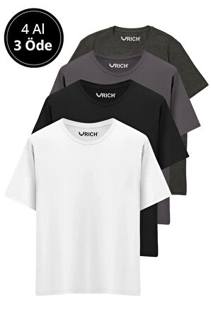 Erkek 4 Lü Paket %100 Pamuk Oversize Tişört Basic Bisiklet Yaka Kısa Kollu T-Shirt