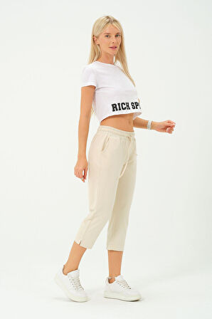 Kadın Capri Beli Lastikli Rahat Kesim Günlük Düz Ekru Kapri Pantolon