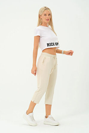 Kadın Capri Beli Lastikli Rahat Kesim Günlük Düz Ekru Kapri Pantolon