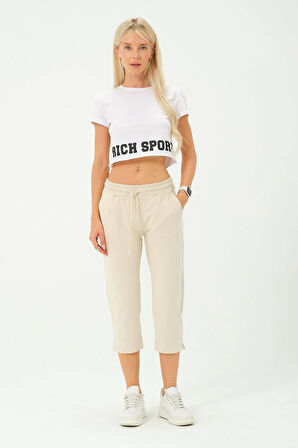 Kadın Capri Beli Lastikli Rahat Kesim Günlük Düz Ekru Kapri Pantolon