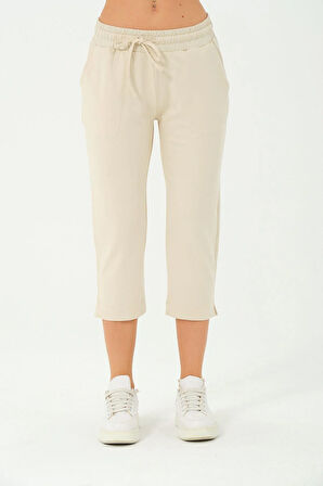 Kadın Capri Beli Lastikli Rahat Kesim Günlük Düz Ekru Kapri Pantolon