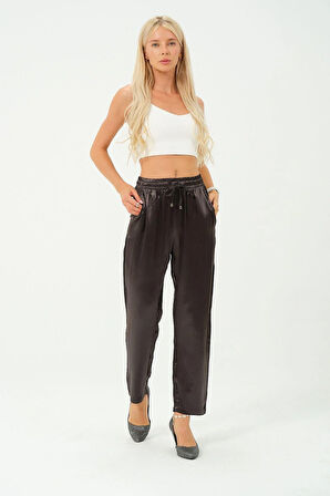 kadın yüksek bel parlak saten pantalon