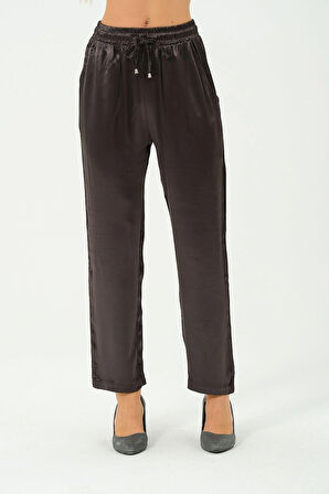 kadın yüksek bel parlak saten pantalon