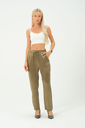 kadın yüksek bel parlak saten pantalon