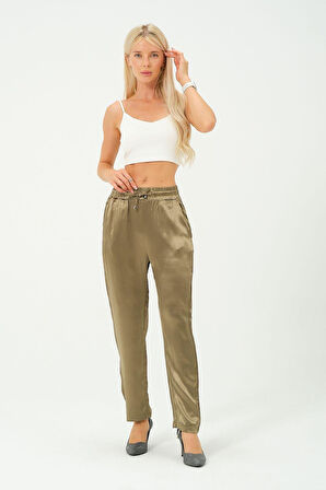 kadın yüksek bel parlak saten pantalon