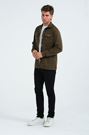 Haki Erkek Süet Gömlek Tişört Üstü Kalın Gömlek Yeşil Ceket