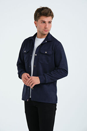 Lacivert Erkek Süet Gömlek Tişört Üstü Kalın Gömlek Mavi Ceket