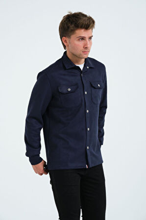 Lacivert Erkek Süet Gömlek Tişört Üstü Kalın Gömlek Mavi Ceket