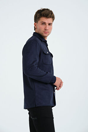 Lacivert Erkek Süet Gömlek Tişört Üstü Kalın Gömlek Mavi Ceket