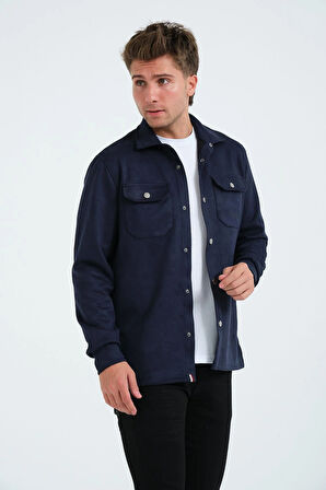 Lacivert Erkek Süet Gömlek Tişört Üstü Kalın Gömlek Mavi Ceket