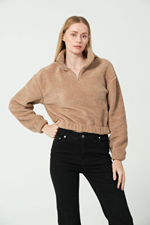 Kadın Peluş Yarım Fermuarlı Polar Mont