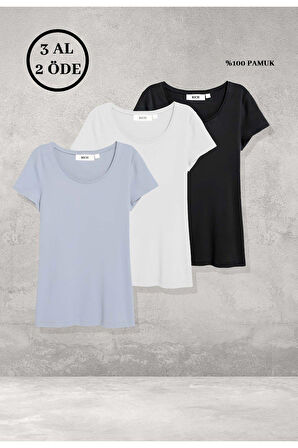 Kadın 3'lü Paket Kısa Kollu Tişört %100 Pamuklu