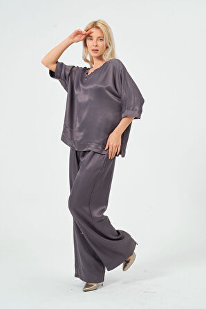 Kadın Saten Takım Parlak Saten Pantolon Bluz