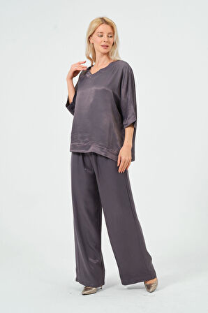 Kadın Saten Takım Parlak Saten Pantolon Bluz