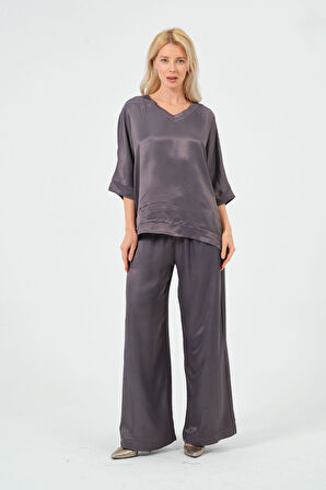 Kadın Saten Takım Parlak Saten Pantolon Bluz
