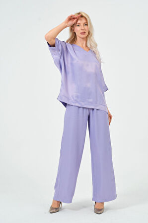 Kadın Saten Takım Parlak Saten Pantolon Bluz