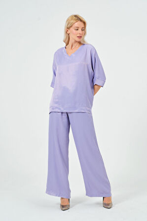 Kadın Saten Takım Parlak Saten Pantolon Bluz