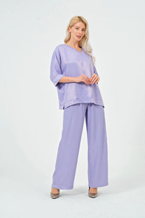 Kadın Saten Takım Parlak Saten Pantolon Bluz