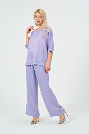 Kadın Saten Takım Parlak Saten Pantolon Bluz