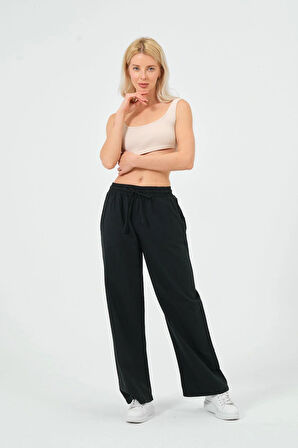 Kadın Keten Bol Paça Beli Lastikti Pantolon