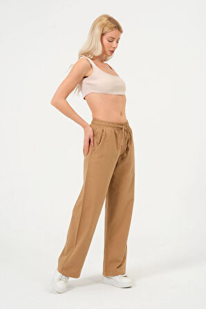 Kadın Keten Bol Paça Beli Lastikti Pantolon