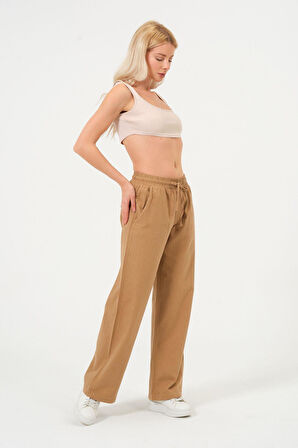 Kadın Keten Bol Paça Beli Lastikti Pantolon