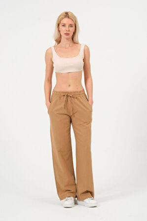 Kadın Keten Bol Paça Beli Lastikti Pantolon