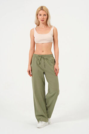 Kadın Keten Bol Paça Beli Lastikti Pantolon