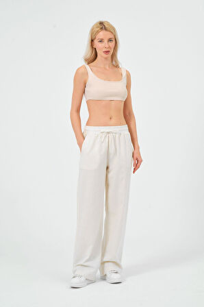 Kadın Keten Bol Paça Beli Lastikti Pantolon