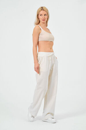 Kadın Keten Bol Paça Beli Lastikti Pantolon