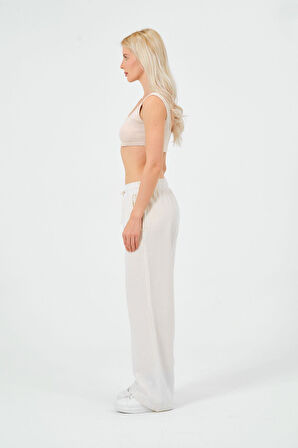 Kadın Keten Bol Paça Beli Lastikti Pantolon