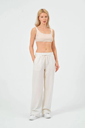 Kadın Keten Bol Paça Beli Lastikti Pantolon