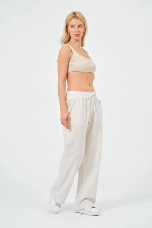 Kadın Keten Bol Paça Beli Lastikti Pantolon