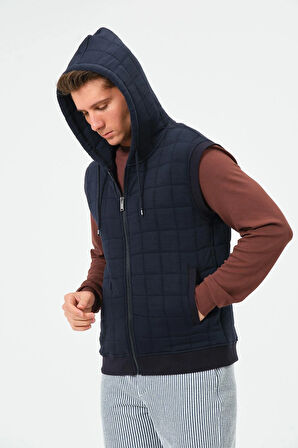 Erkek Lacivert Mevsimlik Kapüşonlu Yelek Mont