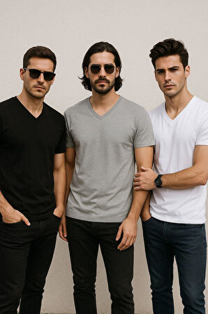 Erkek 3'lü Paket Kısa Kollu V Yaka T-shirt