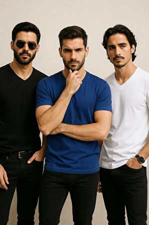 Erkek 3'lü Paket Kısa Kollu %100 Pamuk V Yaka T-shirt