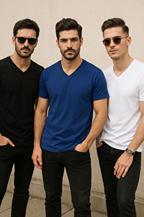 Erkek 3'lü Paket Kısa Kollu %100 Pamuk V Yaka T-shirt