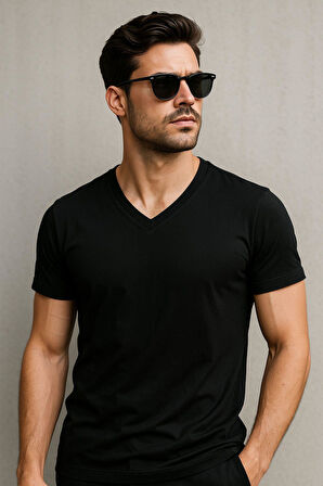 Erkek V Yaka %100 Pamuk Kısa Kollu Siyah T-shirt Tişört
